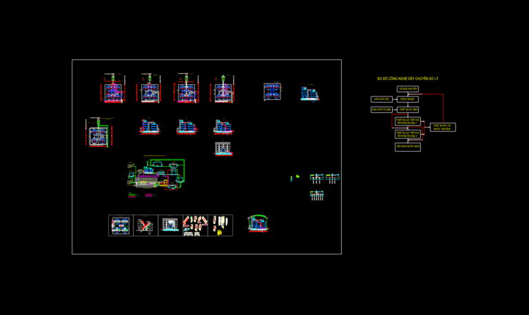 CAD layout of a 5000m3/day water treatment plant with piping flow diagrams, filtration tanks, and technical sections.