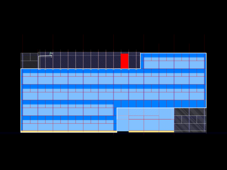 East elevation CAD drawing of a curtain wall facade showing blue glazing modules and structural grid lines.