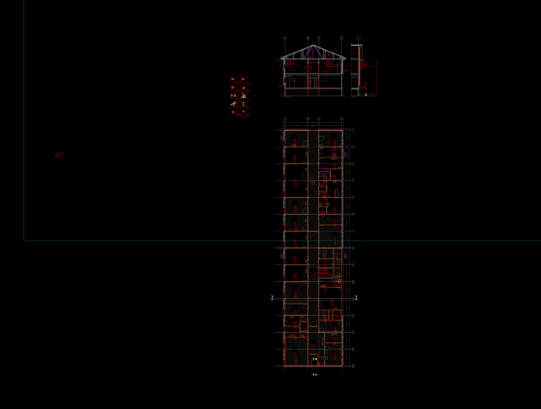 2D architectural section of a hospital wing showing floor levels, roof structure, and exterior wall construction details.