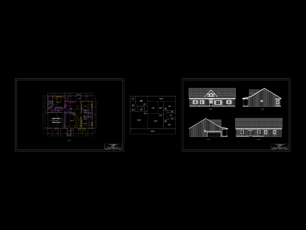 CAD floor plan, space diagram, and exterior elevations for a 3-bedroom single-story house with a double garage.