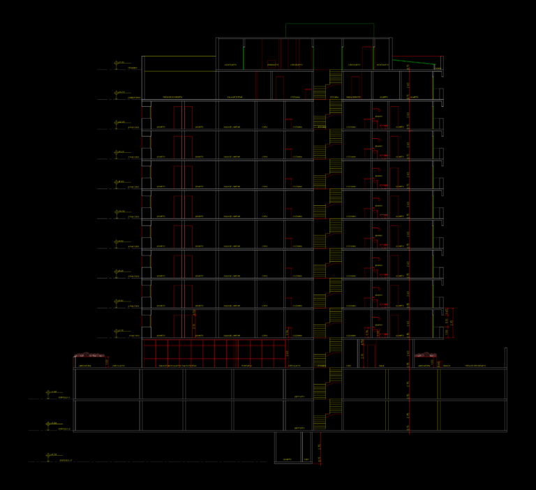 CAD vertical section of a 12-story apartment building showing basement parking, ground floor, and typical floor levels.