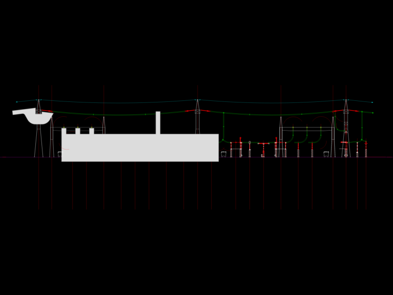 CAD section drawing of a 440kV electrical substation layout with towers, busbars, and equipment.