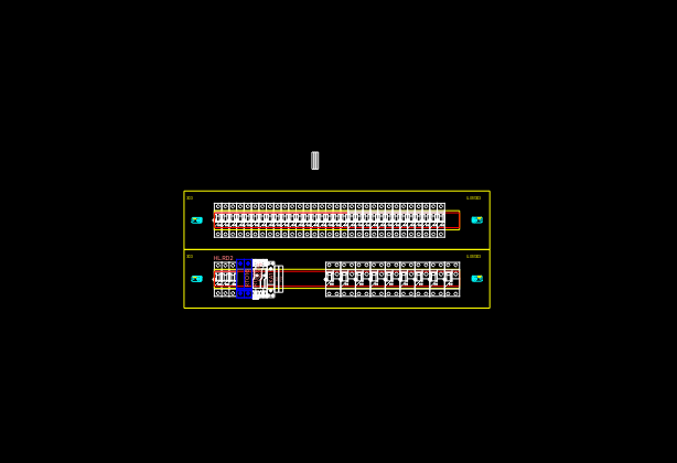 2D CAD layout of a residential switchboard featuring Loxone automation modules and electrical circuits on DIN rails.
