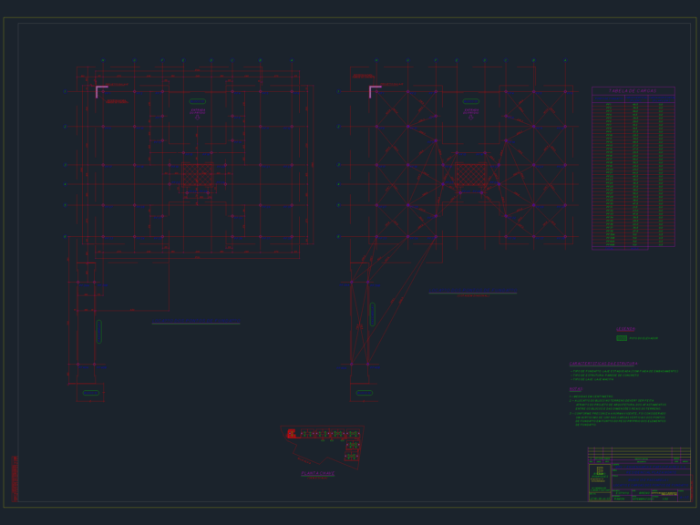 Technical CAD drawing showing a residential foundation layout, pile location points, and a structural load table.