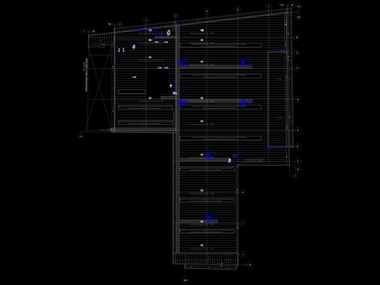CAD drawing of a supermarket roof showing HVAC units, ductwork layout, drainage slopes, and structural grid.