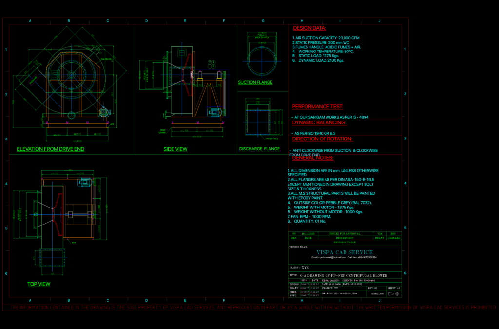 Centrifugal blower GA drawing with drive end elevation, side view, top view, suction flange, and discharge flange details.