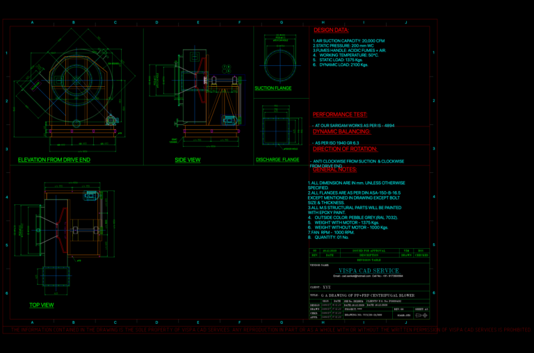 Centrifugal blower GA drawing with drive end elevation, side view, top view, suction flange, and discharge flange details.