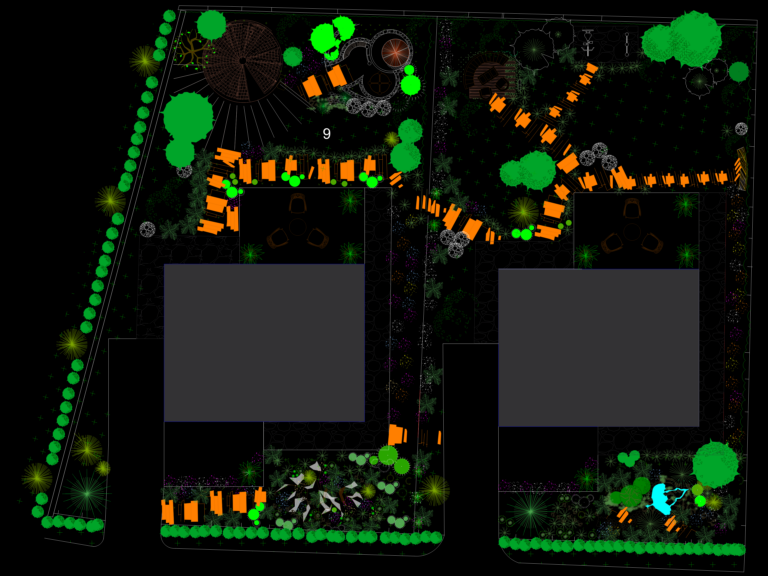 2D landscape site plan drawing showing two building footprints, garden paths, seating arrangements, and perimeter trees.