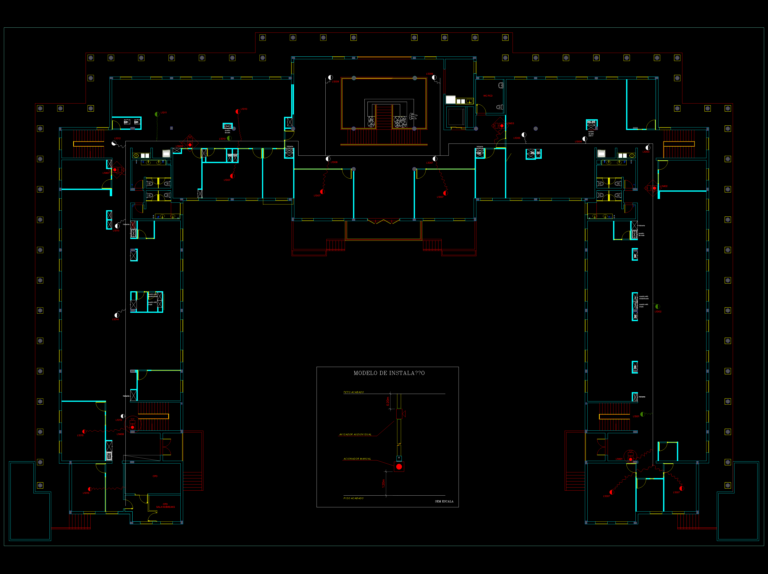 Fire alarm system floor plan with smoke detector symbols and manual call point installation detail in DWG format.
