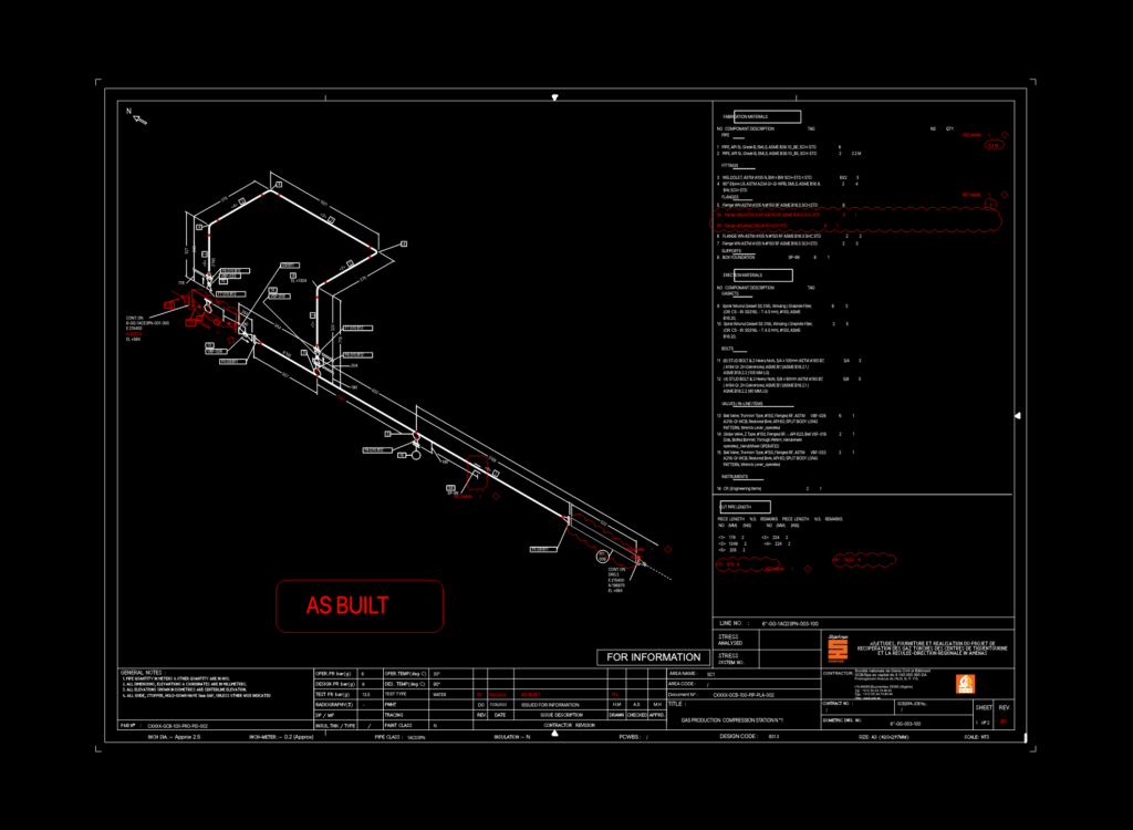 Isometric piping layout for a 6-inch flare gas recovery line including fabrication bill of materials and valve data.