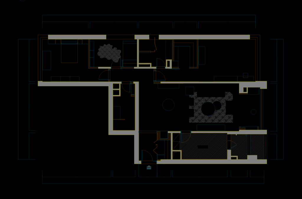 2D AutoCAD floor plan showing the interior layout and furniture arrangement for a modern apartment unit.