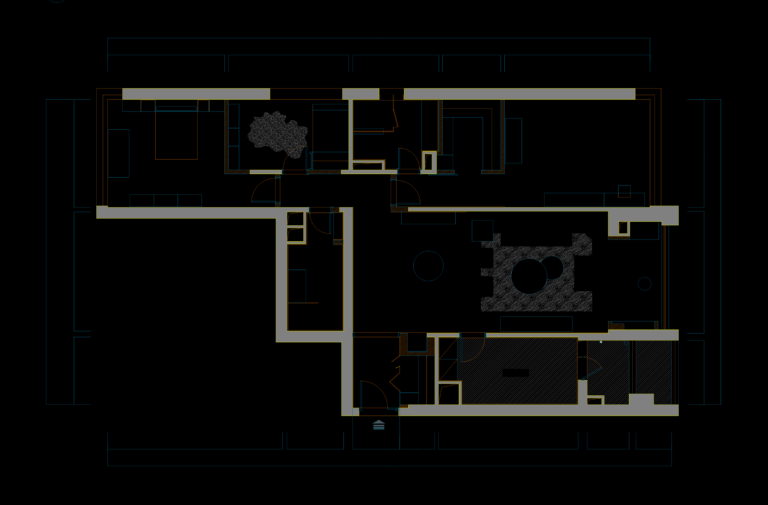 2D AutoCAD floor plan showing the interior layout and furniture arrangement for a modern apartment unit.