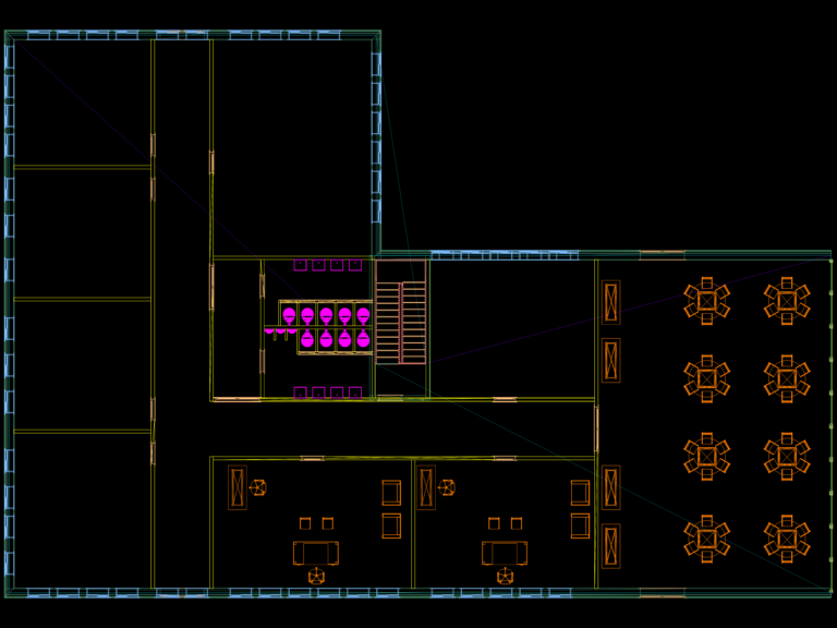 CAD floor plan of a corporate office layout showing office rooms, restrooms, central stairs, and cafeteria seating.
