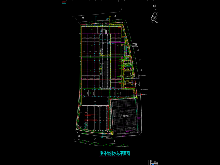 CAD site plan layout for outdoor water supply, sewage, and storm water drainage piping networks.