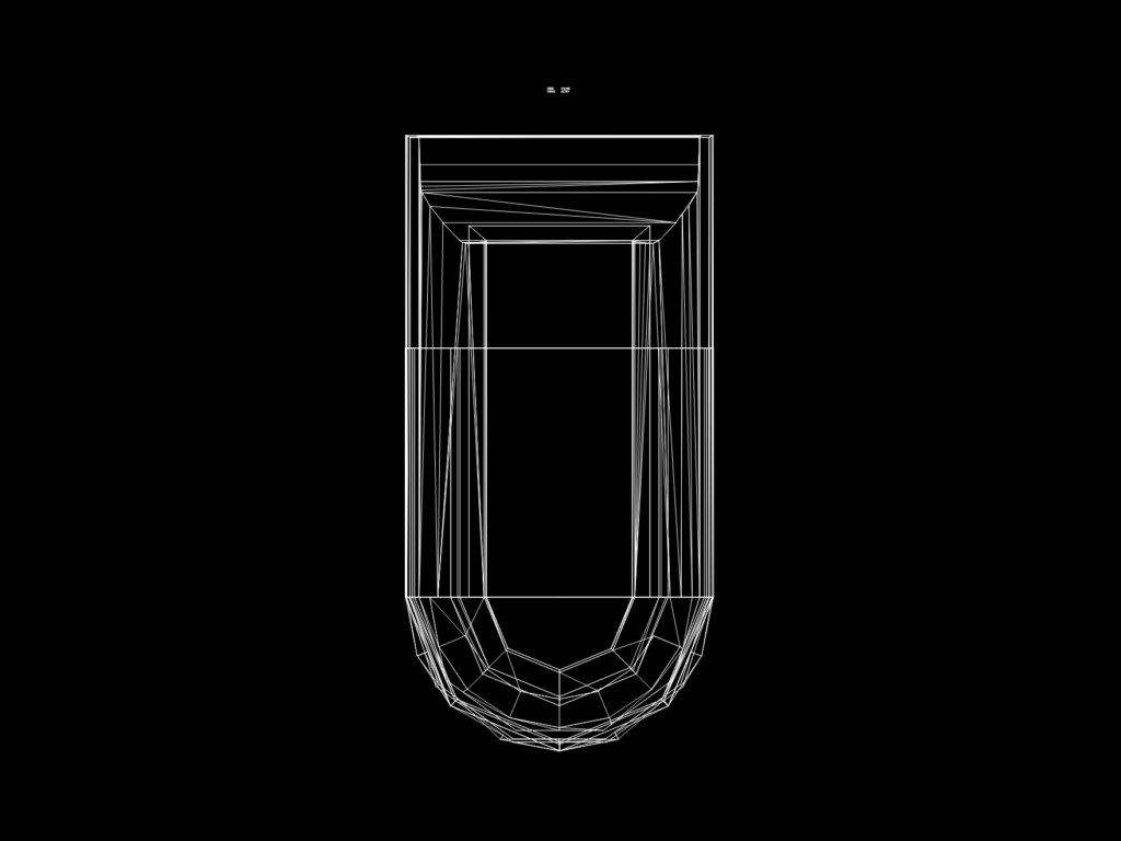 3D wireframe model of an industrial intake hopper with mounting frame and curved internal bucket assembly.