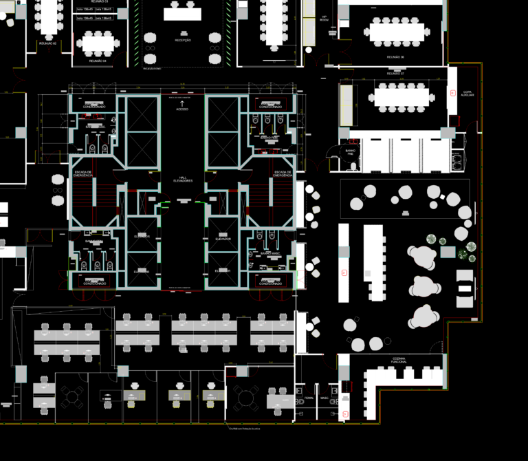 502m² corporate office floor plan showing workstations, meeting rooms, elevator lobby, and acoustic partition layout.