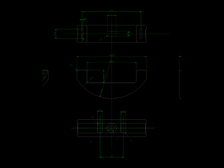 2D CAD cross-section A-A of a curved mechanical part with green dimensions and hatching.