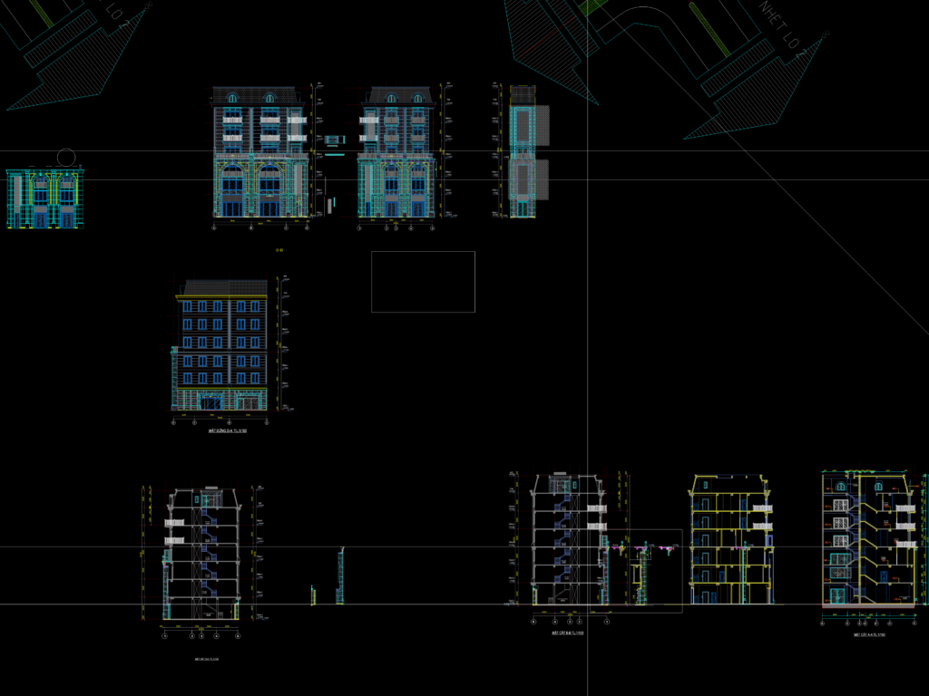 Architectural CAD drawing of shophouse elevations and sections with facade stone cladding and staircase details.