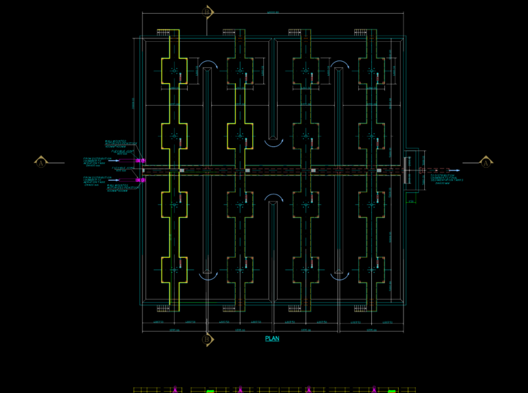 CAD sections of wastewater aeration tanks featuring surface aerators, motorized penstocks, and adjustable weirs.