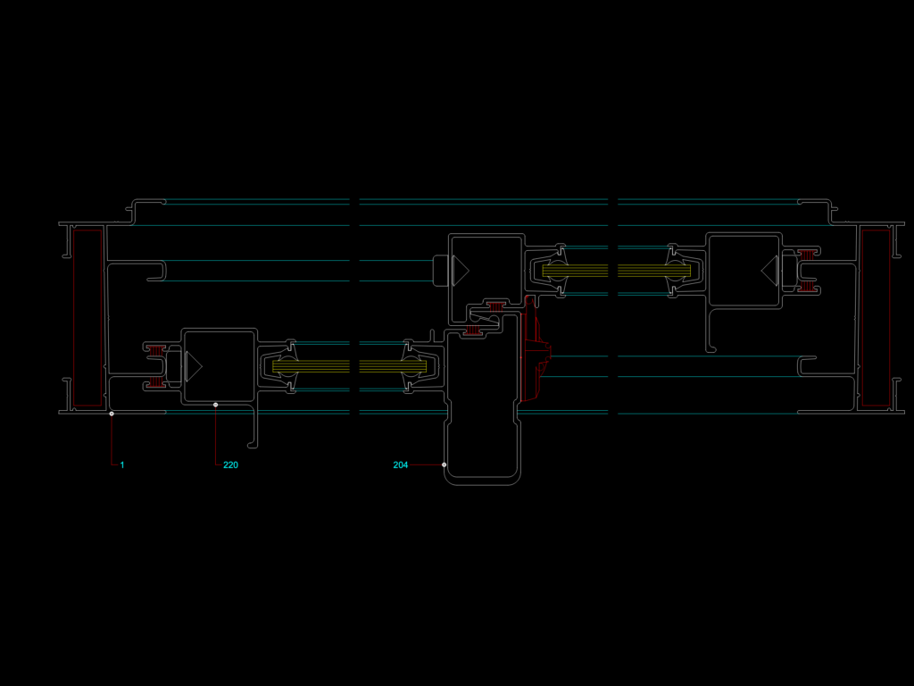 CAD horizontal section drawing of Herrero sliding door aluminum profiles and glass placement.