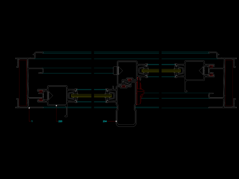 CAD horizontal section drawing of Herrero sliding door aluminum profiles and glass placement.