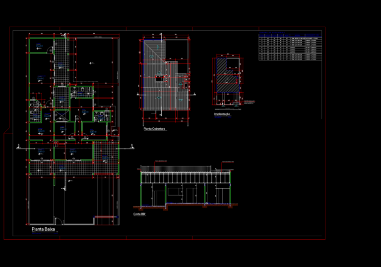 Architectural CAD drawings for a 175m2 house including floor plan, roof plan, site layout, building section, and schedule.