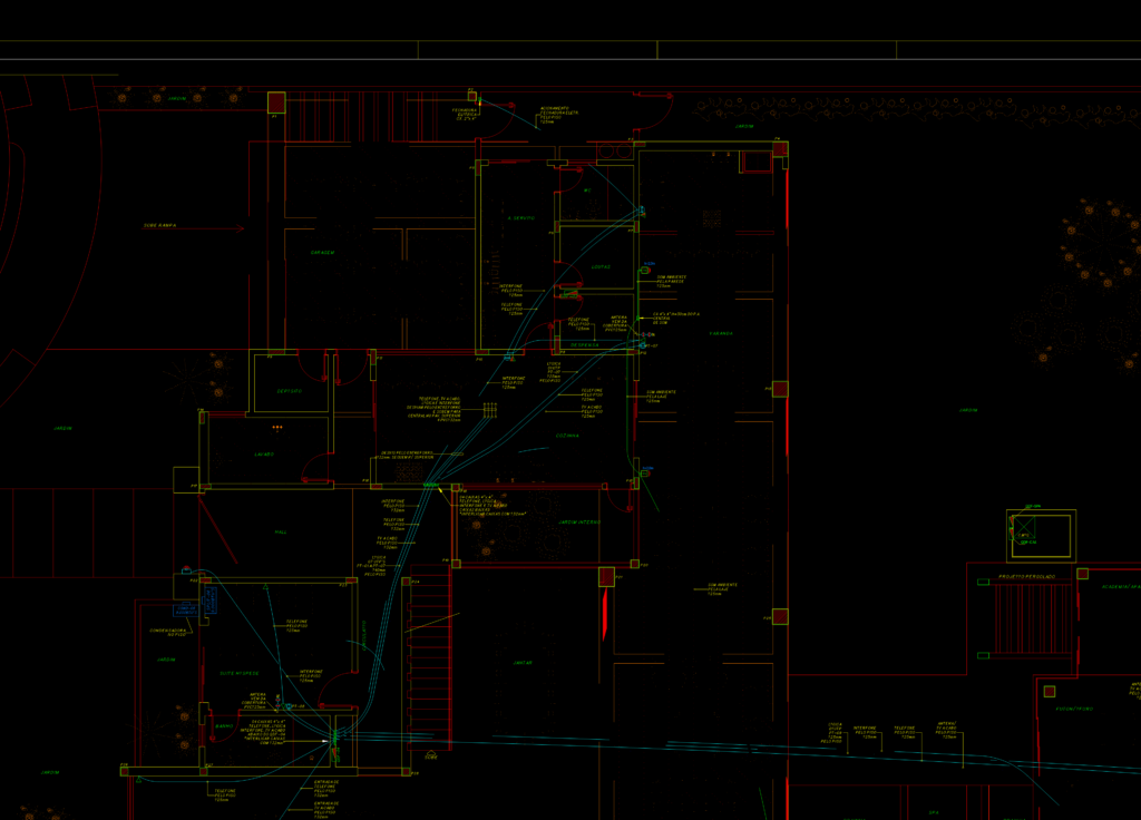 Ground floor CAD plan with electrical and telecommunications wiring, lighting points, and sound system for a house.