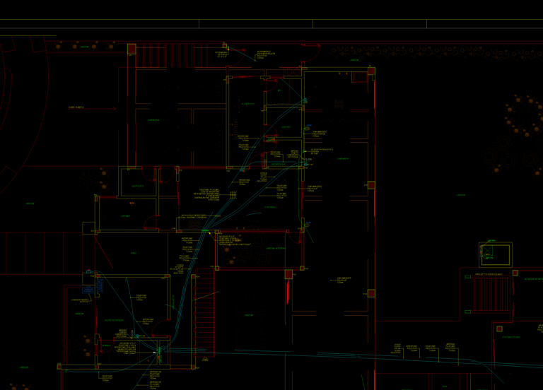 Ground floor CAD plan with electrical and telecommunications wiring, lighting points, and sound system for a house.
