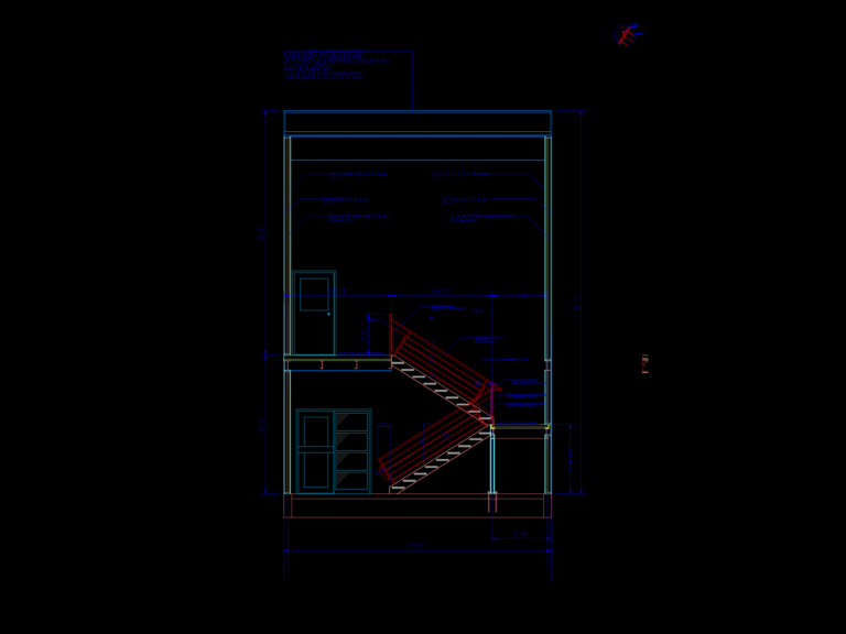 CAD section of a two-story steel stairwell with landings, TJI roof joists, and architectural wall framing details.