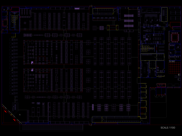 2D CAD floor plan of a grocery store showing shelving layout, checkout lanes, and service areas at 1:100 scale.