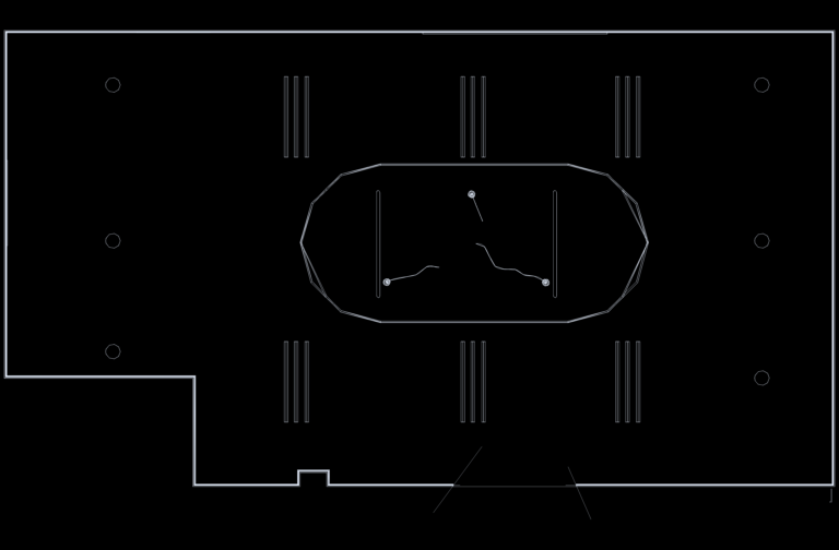 CAD ceiling plan view showing fluorescent light fixtures, perimeter spots, and a central feature area in a 31' x 18' room.