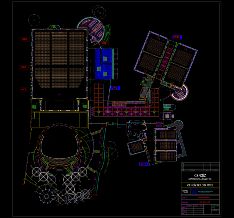 CAD floor plan drawing of a hotel conference center with a large theater-style auditorium and individual meeting halls.