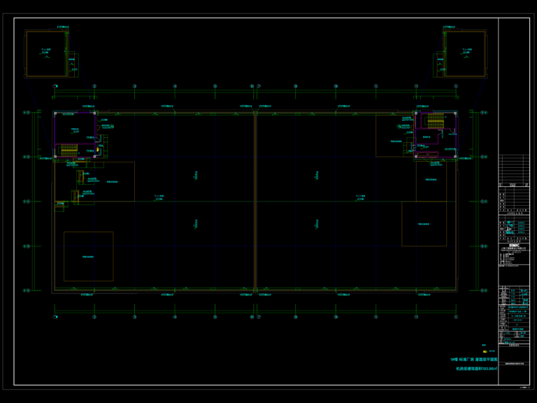 Architectural roof plan of an industrial factory building showing elevator machine rooms and equipment foundations.