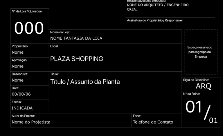 Technical CAD drawing of a Portuguese language title block for retail and shopping mall architectural projects.