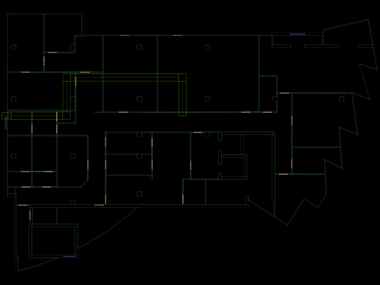 2D CAD floor plan showing smoke extraction ductwork and HVAC layout for a building floor.