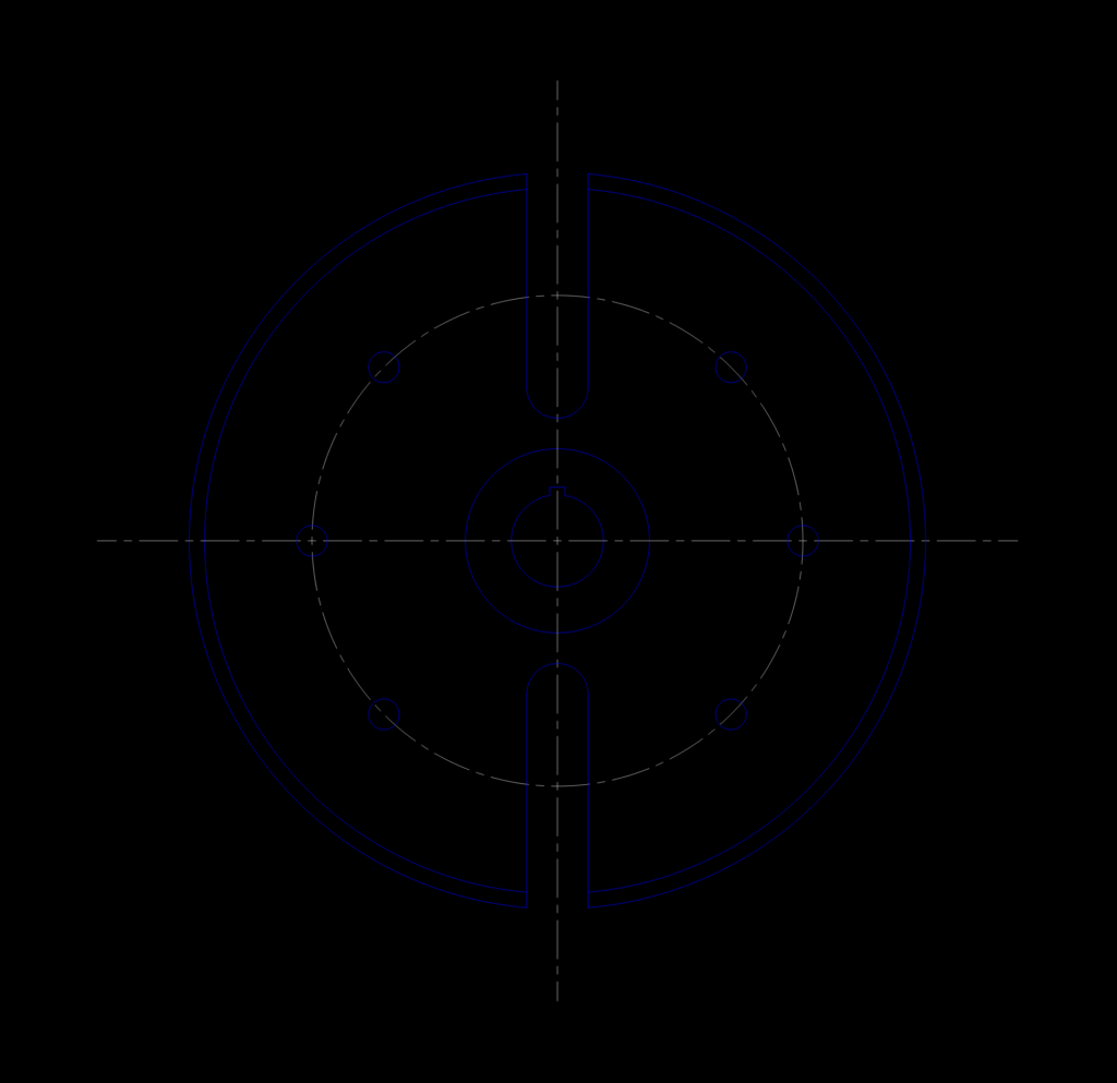 2D top view of a machined circular hub with center keyway, two vertical radial slots, and a six-hole bolt pattern.