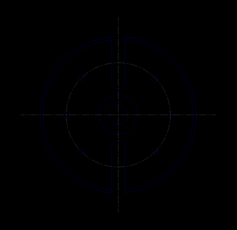 2D top view of a machined circular hub with center keyway, two vertical radial slots, and a six-hole bolt pattern.