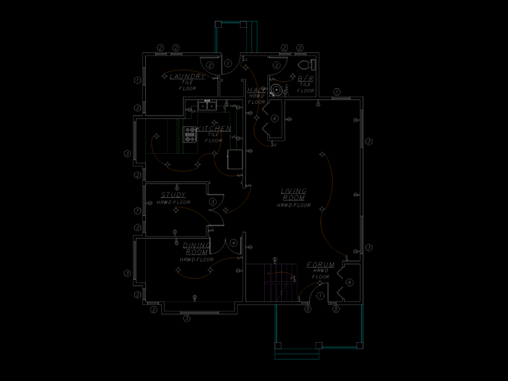 Residential electrical floor plan showing lighting fixtures, switches, and wiring layout for bedrooms and bathrooms.