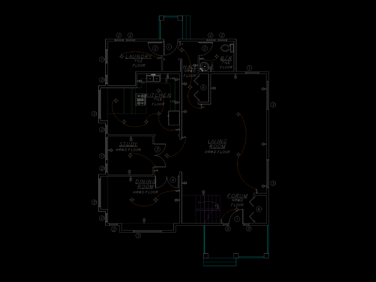 Residential electrical floor plan showing lighting fixtures, switches, and wiring layout for bedrooms and bathrooms.