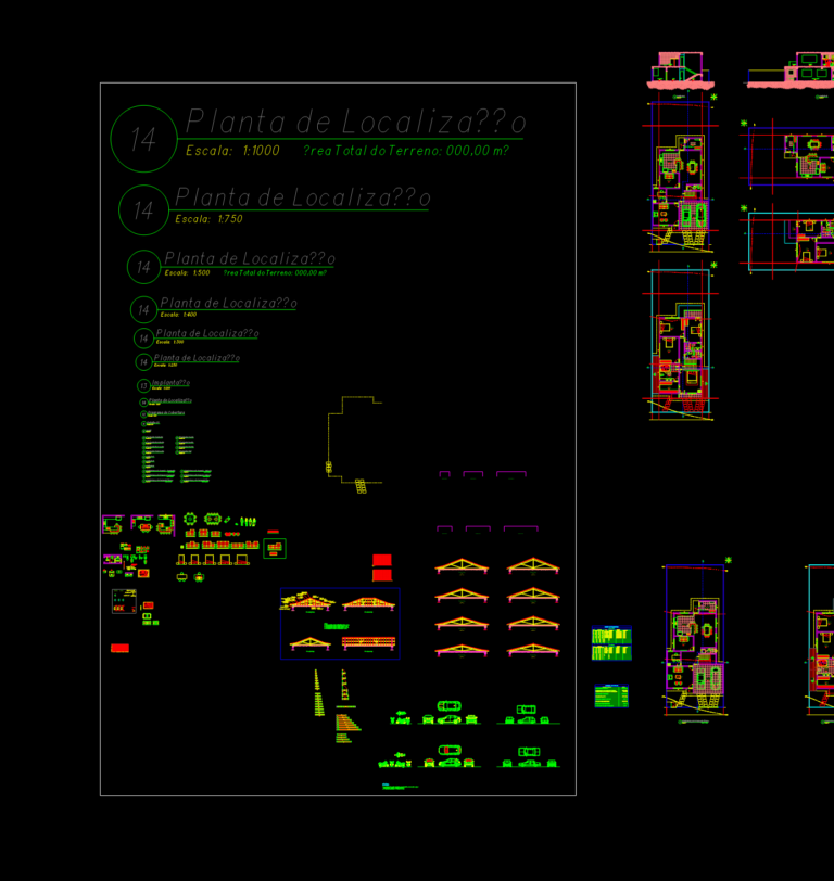 Architectural drawing set featuring multi-level house floor plans, sections, elevations, and timber roof truss details.