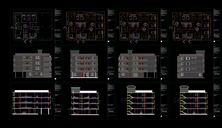 Twelve-sheet architectural CAD drawing set featuring floor plans, elevations, and sections for a 4-storey building.