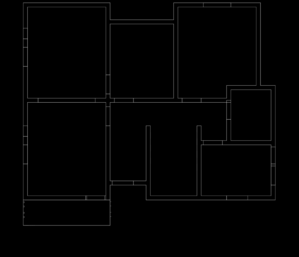 Plan view of a 3D residential layout showing extruded wall thicknesses and internal room divisions.
