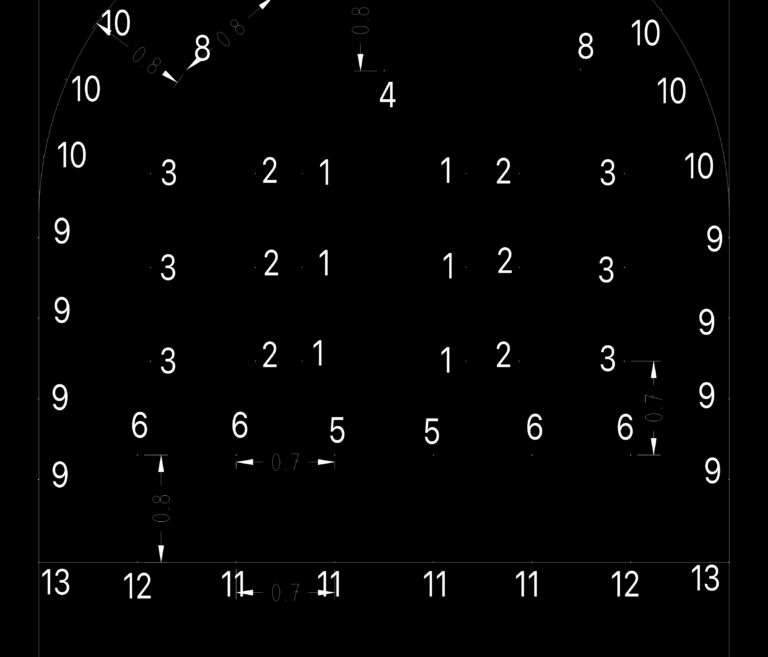 Tunnel excavation cross section showing support layout, spacing dimensions, and numerical indicators.