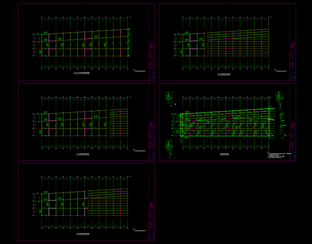 Structural beam framing plans for multiple floor elevations showing grid lines and layout details in DWG format.