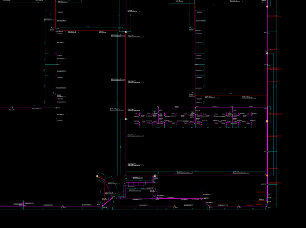 CAD site plan layout showing electrical substations, lighting poles, and underground cable trench routing.