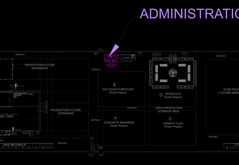 Industrial site plan text for a tiles factory and future expansion area.