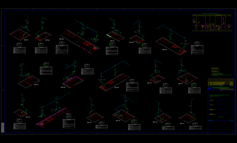Isometric CAD drawings of residential hydraulic installations for kitchens, bathrooms, and laundry rooms with BOMs.