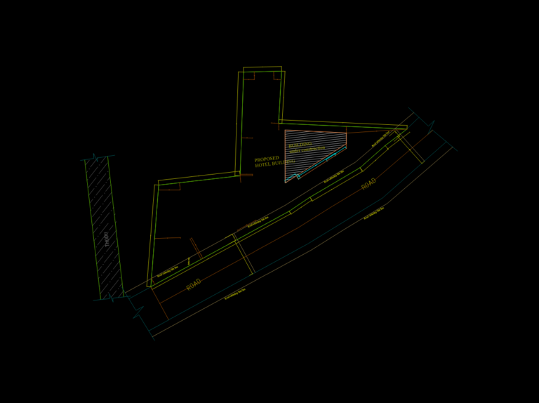 CAD elevation drawing for a proposed hotel building with banquet hall and restaurant area requirement tables.
