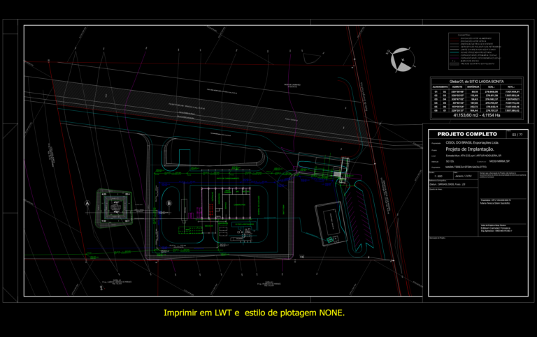 Industrial site implementation plan showing a processing shed, office building, truck patio, drainage, and topography.