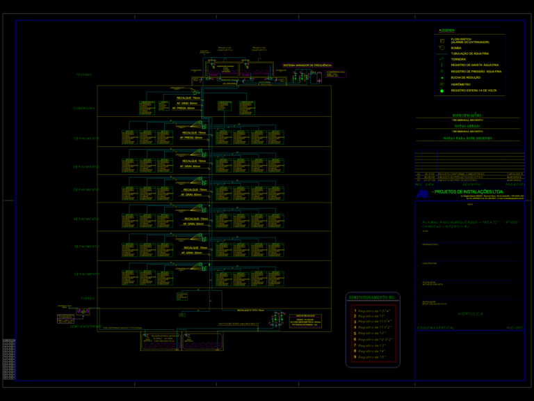 Vertical plumbing riser schematic for a 7-story residential building showing reservoirs and pump systems.